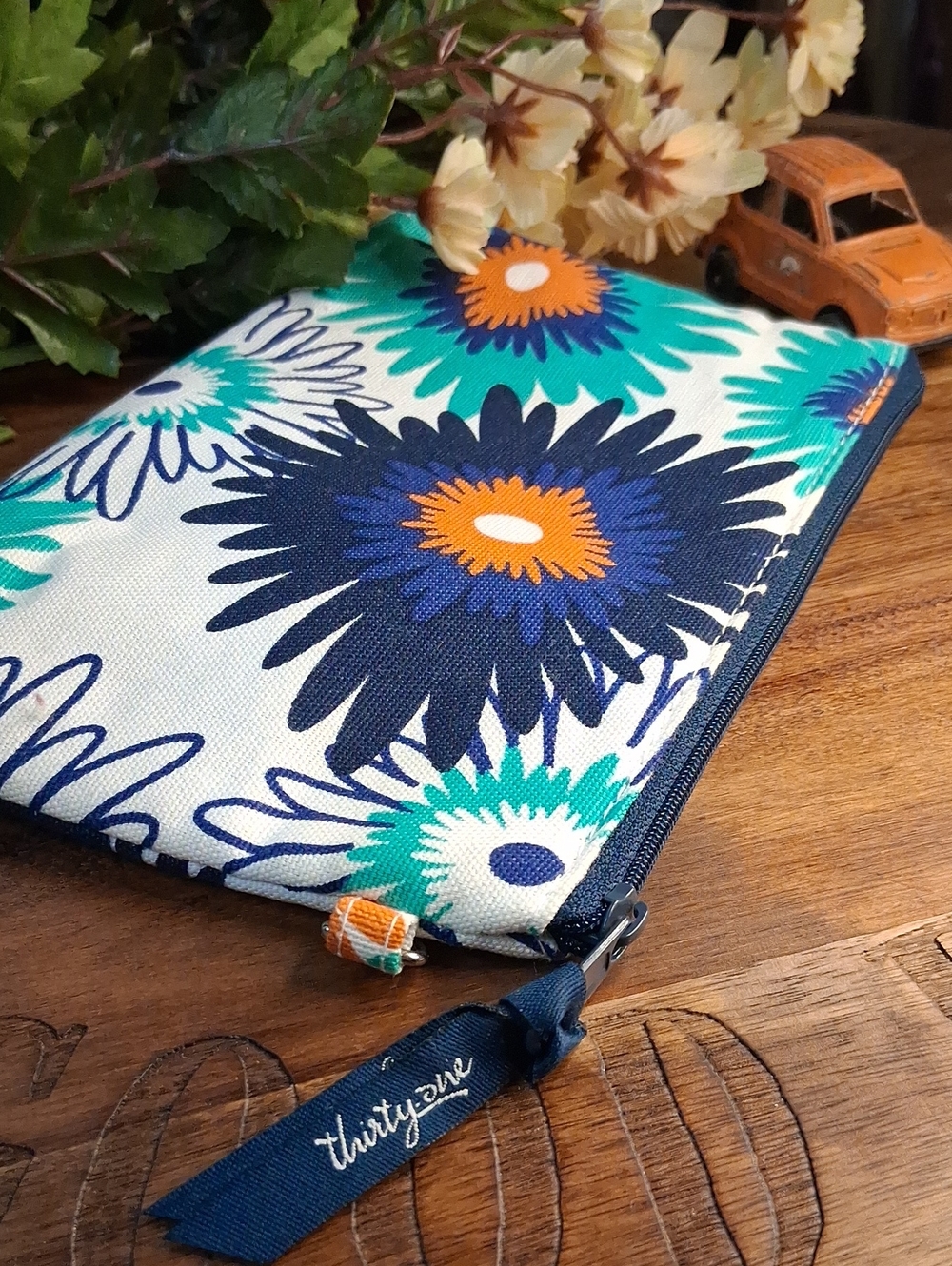 thirty-one Floral Canvas Zipper Pouch in Navy, Teal & Orange